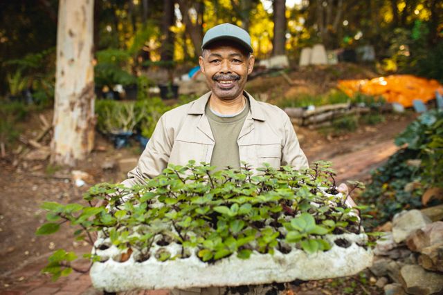 Smiling african american male gardener holding box with seedling. specialist working at bonsai plant nursery, independent horticulture business.