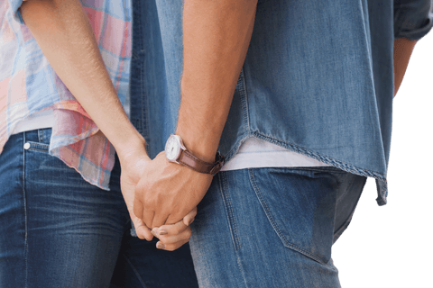 Young Couple Holding Hands in Transparent Urban Scene