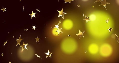 Shimmering gold stars floating on dark bokeh background for celebration, holiday design