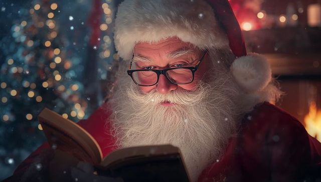Santa Claus Reading Book by Fireplace During Cozy Christmas Eve