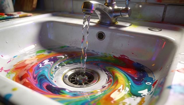 Running Faucet Creating Vivid Rainbow Paint Swirl Draining in Porcelain Studio Sink