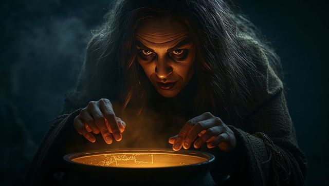 Enigmatic Sorceress Spellcasting Over Glowing Cauldron