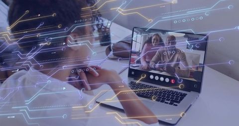 Leaning Woman Engaging in Remote Video Call with Couple amid Futuristic Digital Network Overlay