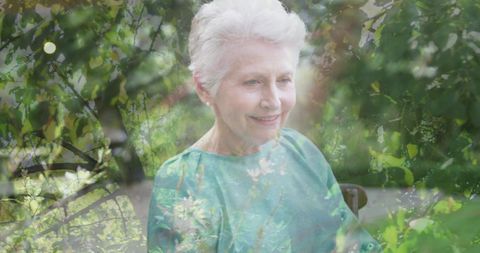 Senior Woman Enjoying Peaceful Community Garden Amidst Leaves
