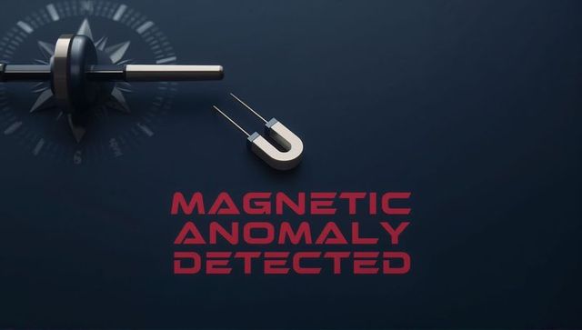 Detecting magnetic anomaly with horseshoe magnet, rotor compass rose and red warning text