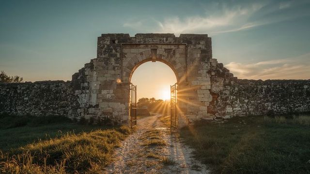 Sunset Through Historic Stone Archway with Open Gates