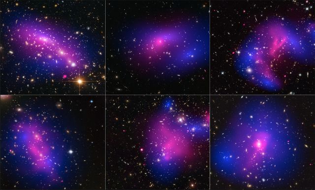 Using observations from NASA’s Hubble Space Telescope and Chandra X-ray Observatory, astronomers have found that dark matter does not slow down when colliding with itself, meaning it interacts with itself less than previously thought. Researchers say this finding narrows down the options for what this mysterious substance might be.  Dark matter is an invisible matter that makes up most of the mass of the universe. Because dark matter does not reflect, absorb or emit light, it can only be traced indirectly by, such as by measuring how it warps space through gravitational lensing, during which the light from a distant source is magnified and distorted by the gravity of dark matter. Read more: <a href="http://1.usa.gov/1E5LcpO" rel="nofollow">1.usa.gov/1E5LcpO</a>  Caption: Here are images of six different galaxy clusters taken with NASA's Hubble Space Telescope (blue) and Chandra X-ray Observatory (pink) in a study of how dark matter in clusters of galaxies behaves when the clusters collide. A total of 72 large cluster collisions were studied. Credit: NASA and ESA  mage Credit: NASA and ESA  <b><a href="http://www.nasa.gov/audience/formedia/features/MP_Photo_Guidelines.html" rel="nofollow">NASA image use policy.</a></b>  <b><a href="http://www.nasa.gov/centers/goddard/home/index.html" rel="nofollow">NASA Goddard Space Flight Center</a></b> enables NASA’s mission through four scientific endeavors: Earth Science, Heliophysics, Solar System Exploration, and Astrophysics. Goddard plays a leading role in NASA’s accomplishments by contributing compelling scientific knowledge to advance the Agency’s mission.  <b>Follow us on <a href="http://twitter.com/NASAGoddardPix" rel="nofollow">Twitter</a></b>  <b>Like us on <a href="http://www.facebook.com/pages/Greenbelt-MD/NASA-Goddard/395013845897?ref=tsd" rel="nofollow">Facebook</a></b>  <b>Find us on <a href="http://instagrid.me/nasagoddard/?vm=grid" rel="nofollow">Instagram</a></b>