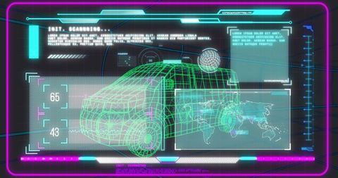 Futuristic 3D Wireframe Van Model with Interactive Display Interface