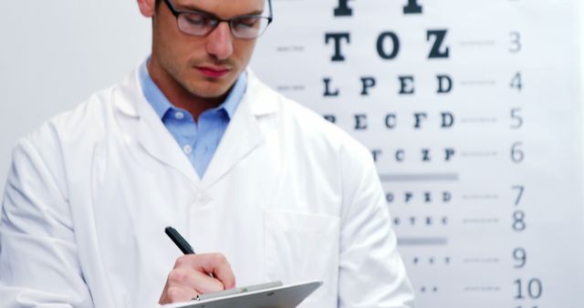 Optometrist Writing on Clipboard in Front of Eye Chart - Download Free Stock Images Pikwizard.com