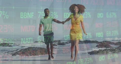 Happy Couple Running Along Beach with Overlayed Stock Ticker