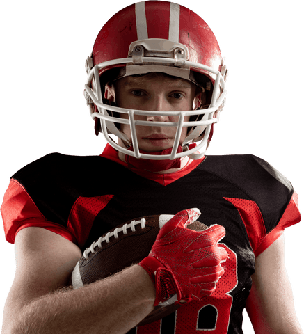 Young football player holding ball in transparent scene