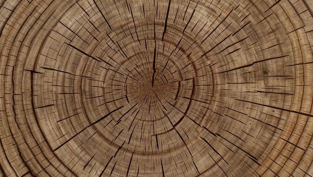 Tree trunk cross section showing concentric growth rings, radial cracks and wood grain