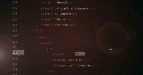 Html code snippet with cybersecurity tags in futuristic interface