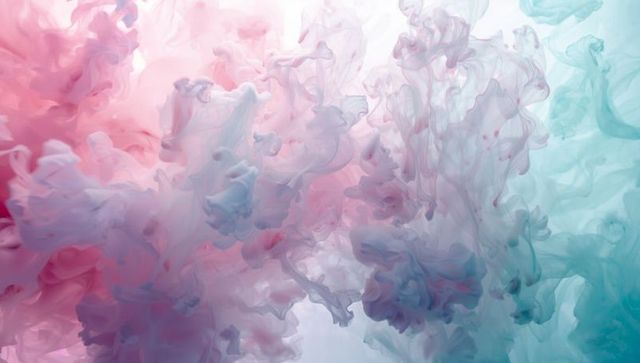 Swirling Pastel Ink Clouds Drifting Through Water, Pink Cyan Fluid Art Backdrop