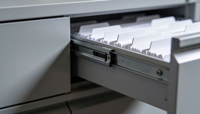 Open metal filing drawer with hanging tabbed folders and rails for office organization