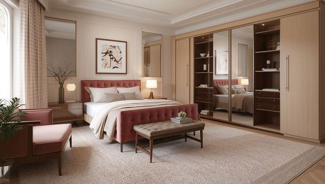 Luxury master bedroom with upholstered bed and modern decor