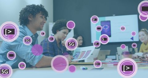 Team meeting with digital networking and 5g technology overlay