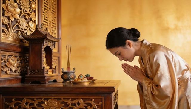 Asian woman bowing at ornate wooden altar in gold robe offering incense and prayer