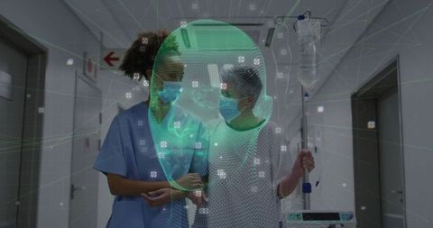 Patient with Nurse and Digital Face Scan in Hospital Corridor