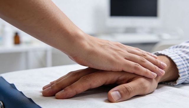 Caregiver offering comfort holding patient hand on exam table showing empathy