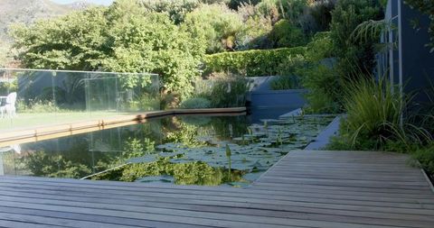 Reflective rectangular pool mirroring green hillside with lily pads and wooden deck