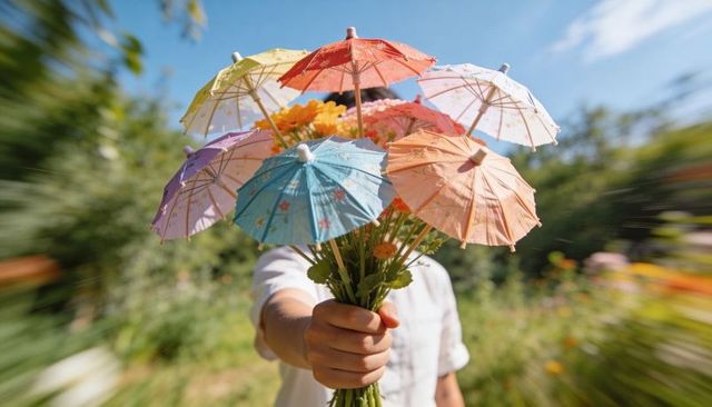 Hand holding bouquet of pastel paper parasols and orange daisies in sunny backyard