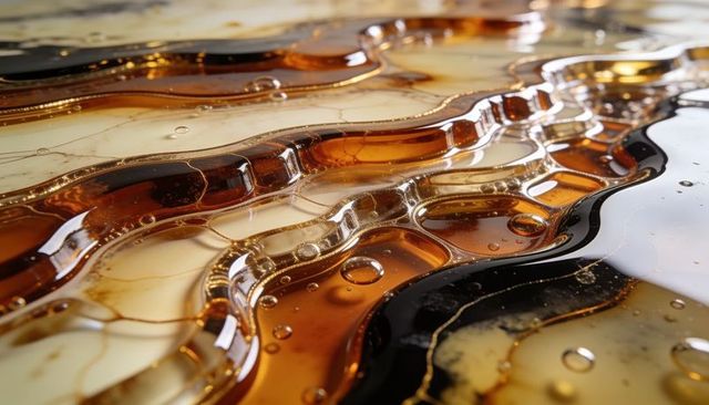 Macro abstract amber and black resin layers with glossy bubbles and translucent ridges