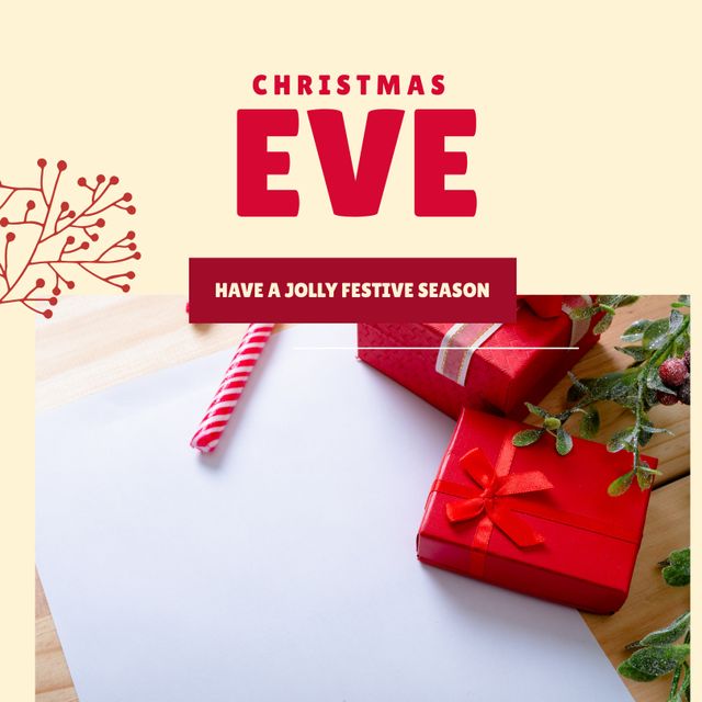 Perfect for conveying holiday cheer, this image features Christmas Eve text and festive elements like red gifts with ribbons, a candy cane, and decorative berries. Suitable for holiday greetings, social media posts, and promotional materials for Christmas events.