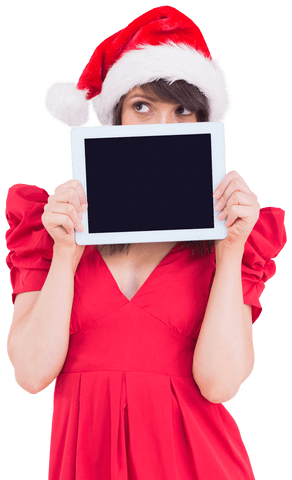 Festive Woman Holding Tablet with Transparent Background