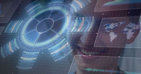 Smiling Professional Using Futuristic HUD Interface with Global Map and Waveform Overlay