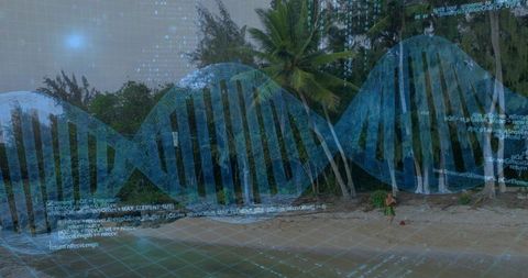 Woman walking on tropical beach with dna double helix overlay and digital code