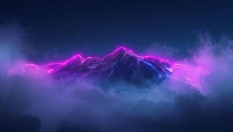 Neon-lit mountain ridge rising above clouds at night with magenta and blue lightning