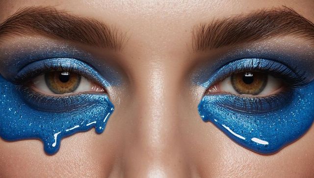 Cobalt Blue Glitter Eye Makeup Dripping Over Lower Lids Shimmering Metallic Gloss