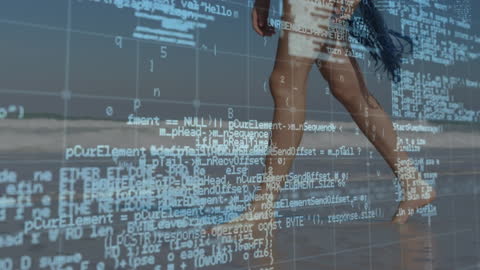 Digital Data Processing Overlaid on Woman Walking on Beach