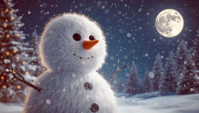 Fluffy snowman under full moon in snowy forest