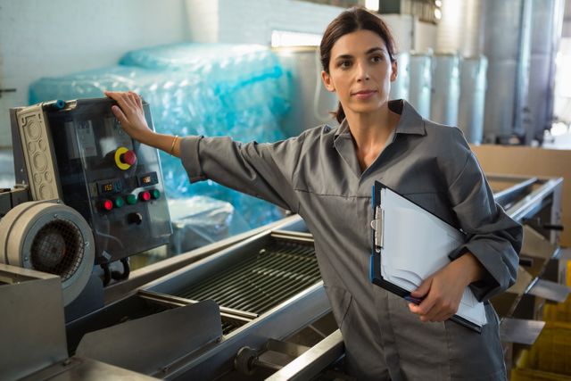 Woman in industrial uniform holding clipboard, standing near machinery in olive processing factory. Ideal for illustrating manufacturing processes, quality control, industrial work environments, and professional roles in factories.