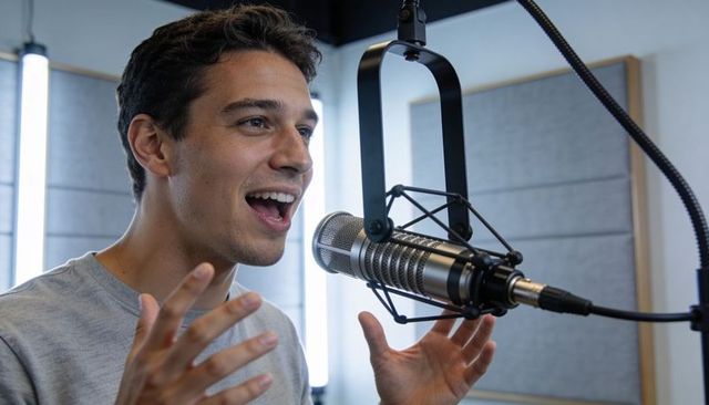 Recording podcast host speaking into broadcast microphone with expressive hand gestures
