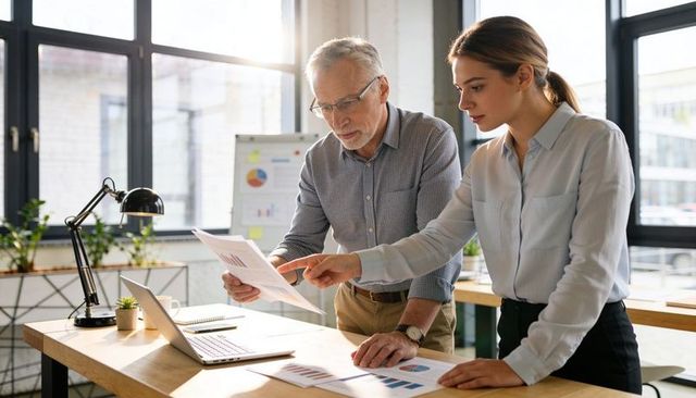 Senior executive and young colleague collaborating over charts and laptop in modern office