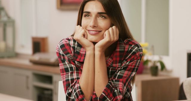 Smiling Woman Daydreaming in Cozy Kitchen - Download Free Stock Images Pikwizard.com