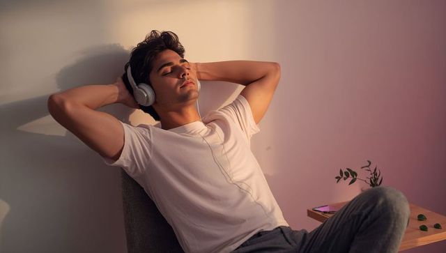 Relaxing young man listening to music with wired headphones at home minimalist corner