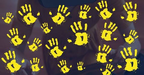 Woman Using VR Headset with Vibrant Handprint Overlay