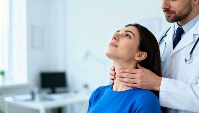 Doctor palpating patient neck during thyroid exam in bright clinic with natural light