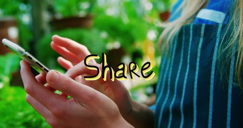 Blonde Woman Engaged on Smartphone with Share Text