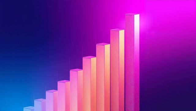 Rising neon 3d bar chart glowing with gradient prism columns for futuristic growth concept