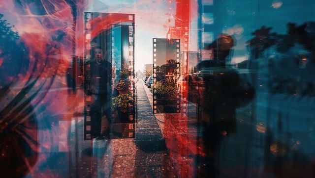 Surreal Cityscape with Filmstrip Elements and Walking Man