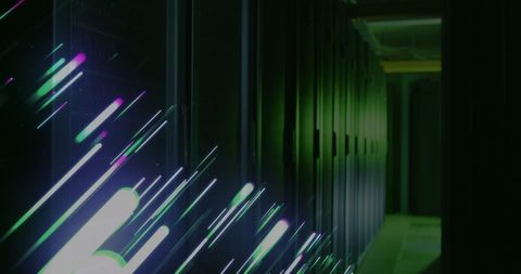 Illuminated data streams flowing over dimly lit server racks