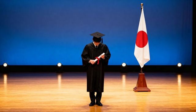 Japanese graduate holding diploma on stage with national flag during commencement