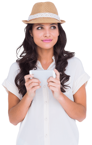 Transparent Young Woman in Hat Holding Smartphone, Looking Contemplative - Download Free Stock Videos Pikwizard.com