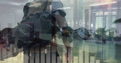 Golfer in Modern Atrium with Financial Charts Overlay