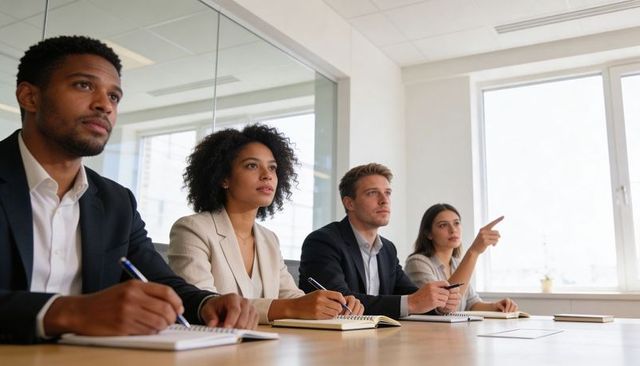 Corporate team listening and taking notes in bright modern boardroom during meeting